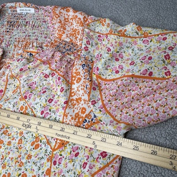 Rose+Olive Top 1X Patchwork Print Orange Pink Floral Boho Smocking Drape Light - Picture 9 of 14